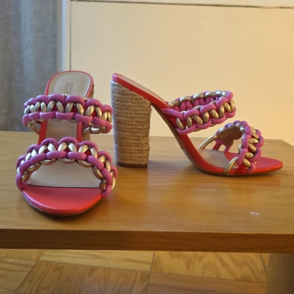 Schutz Coral/ Metallic Leather Sandals Size 10B